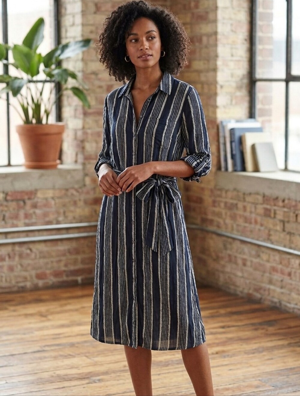 Reitmans Black and White Vertical-Stripe Midi Shirt Dress